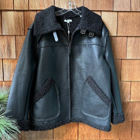 NWT Max Studio London Faux Shearling Faux Leather Zip Front in Women's Large - Picture 2 of 13